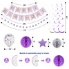 YEOCU Birthday Decorations, Happy Birthday Banner with Birthday Balloons, Honeycomb Balls, Hanging Swirls, Circle Dots Garland, Happy Birthday Party Decorations for Women Men Boy Girl (Purple&Silver)