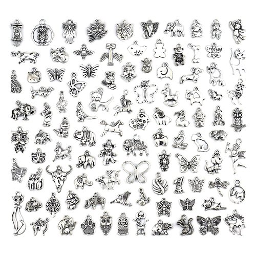 JIALEEY Wholesale 100 PCS Mixed No Repeated Silver Pewter Smooth Metal Charms Pendants DIY for Necklace Bracelet Dangle Jewelry Making and Crafting, Animal Charms