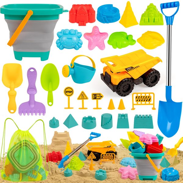 FUNWEGOT Kids Beach Sandbox Toys with Truck,Collapsible Sand Bucket, Big Stainless Steel Shovel Toy, Sand Castle Kit, Animal Molds, Shell Mesh Bag, Summer Travel Outdoor Toys for Boys Girls Age 3+