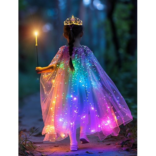 LEDPATY Girls Princess Cape LED Light Up Cloaks Halloween Dress Up with Tiara Crown, Wand,Necklace Pretend Play,Role Play & Dress Up (3-4T, White)
