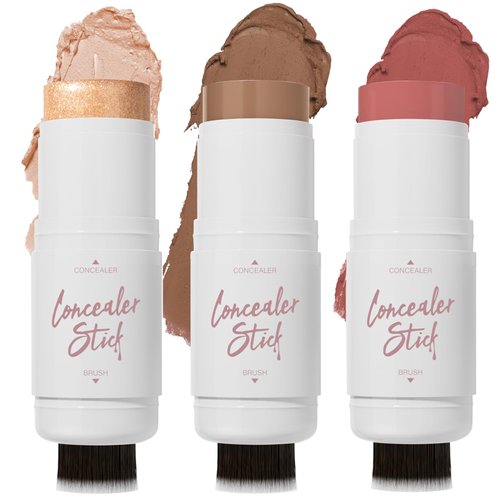 Contour Stick, Highlighter Stick, Blush Stick, 3Pcs Cream Contour Kit Double-headed With Brush Design, Create Face Contour, Non-greasy, Waterproof Long-lasting Effect (Light, 0.8 Ounce (Pack of 3))