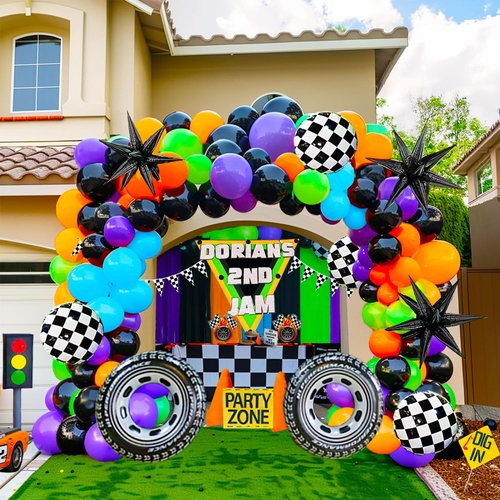 Truck Theme Balloon Garland Arch Kit vibrant Purple orangeGreen Black with Big Wheels checkered star mylar foil balloons For Kids fast one Boy Birthday Race Car construction theme Party Decorations