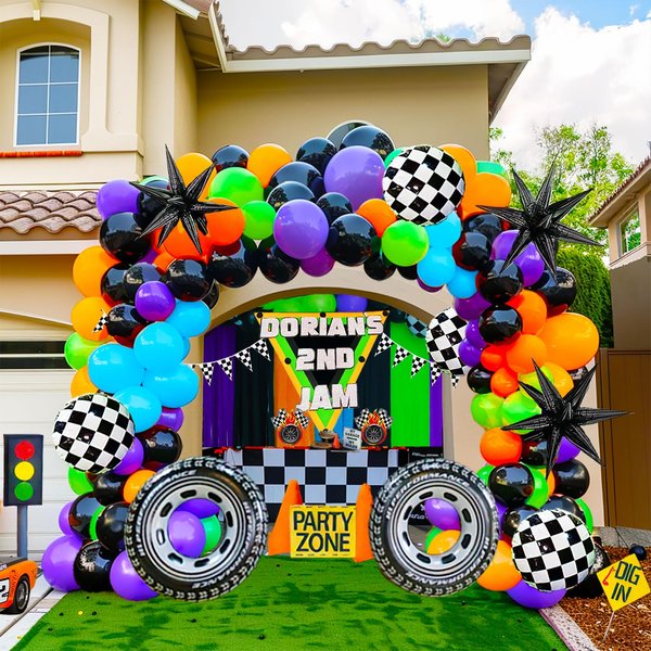 Truck Theme Balloon Garland Arch Kit vibrant Purple orangeGreen Black with Big Wheels checkered star mylar foil balloons For Kids fast one Boy Birthday Race Car construction theme Party Decorations
