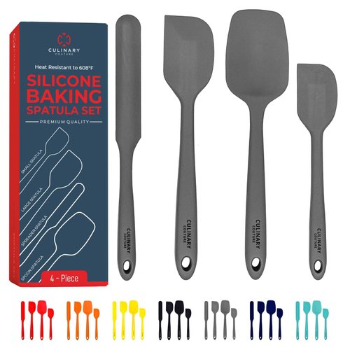 Culinary Couture 4-Piece Grey Silicone Baking Spatula Set - Rubber Spatulas Silicone Heat Resistant up to 608°F, BPA-Free - Silicone Spatula Set for Nonstick Cookware - Silicone Baking Utensils