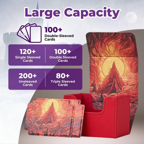 Arcane Fortress MTG Deck Box – Commander Deck Box for 120 Sleeved Cards with Art Interior – Leather Dividers, Nano-Fiber Exterior, Magnetic Closure – Perfect for Magic: The Gathering, TCG - Red