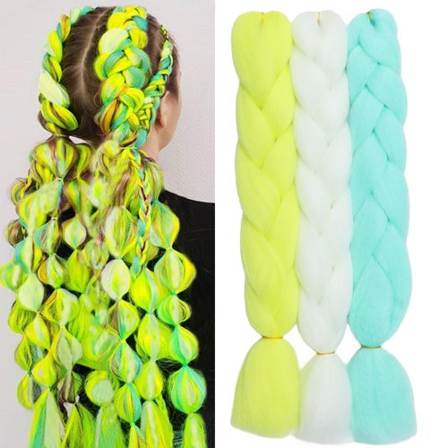Orgwigs Jumbo Braiding Hair Extensions Kanekalon Braids Hair Colored Hair Extensions for Braiding 24inch 3pcs Glow in the Dark Hair Muticolor Kanekalon Braiding Hair(White/Yellow/Light Green)