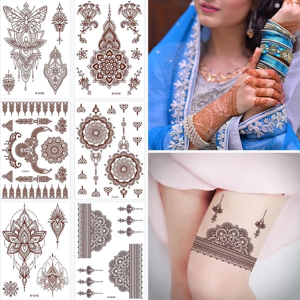 Brown Henna Temporary Tattoo Sexy Lace Waterproof Removable Tattoos Mystery Flower Henna Fake Tattoos Sticker for Women Wedding Party Festival Tattoos Decorations 6 Sheets(Brown)