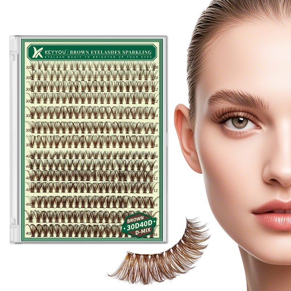 Brown Lash Clusters Natural Lash Extensions Wispy Eyelash Clusters 280Pcs D Curl Eyelash Extensions for Beginner Friendly Dark Brown Cluster Eyelash Extensions by KEYYOU(Brown-30D40D-D-8-16MIX）