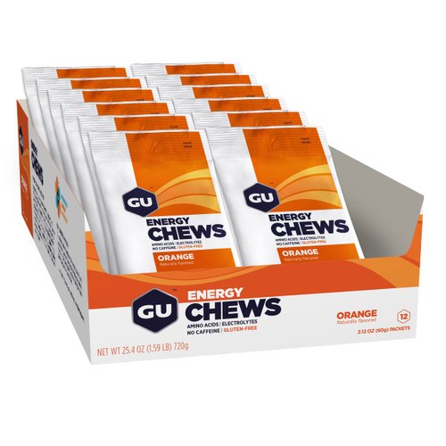 GU Energy Chews, Orange Energy Gummies with Electrolytes, Vegan, Gluten-Free, Kosher, Caffeine-Free, and Dairy-Free On-The-Go Energy for Any Workout, 12 Bags (24 Servings Total)
