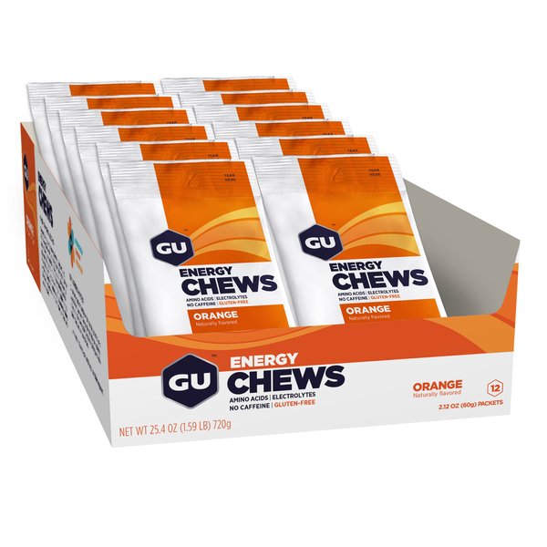 GU Energy Chews, Orange Energy Gummies with Electrolytes, Vegan, Gluten-Free, Kosher, Caffeine-Free, and Dairy-Free On-The-Go Energy for Any Workout, 12 Bags (24 Servings Total)