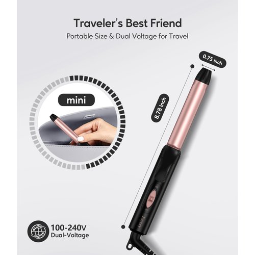 Ceramic Mini Hair Curler for Short Hair, 3/4 Inch Travel Curling Iron Dual Voltage, Mini Curling Iron Travel Size with Keratin & Argan Oil Infused, Travel Size Curling Iron with Storage Bag