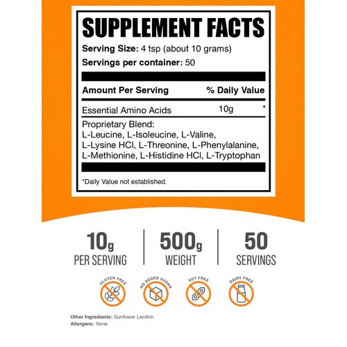 BulkSupplements.com Essential Amino Acids Powder - Essential Amino Acids Supplement, EAA Powder - Unflavored & Gluten Free, 10g per Serving, 500g (1.1 lbs) (Pack of 1)