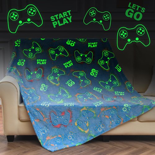 Gaming Blanket Glow in The Dark for Girls Boys - Gamer Room Decor for Night Light Up, Game Controller Throw Toy for Adult Kids, Christmas Valentines Day Birthday Gifts for Age 2-10 Year Old