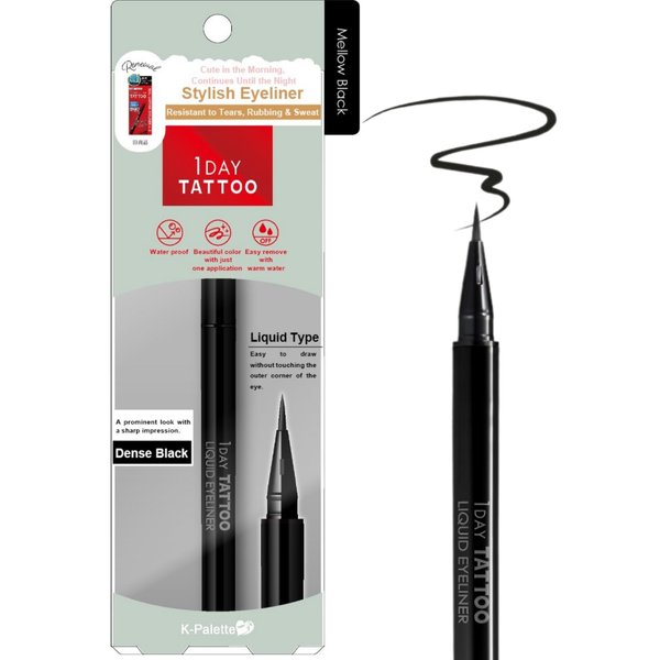 K-Palette 1Day Tattoo Waterproof Liquid Eyeliner Pen, Precision Tip for Long-Lasting, Smudge-Proof Eyeliner, Stay-All-Day Liquid Eyeliner, Bold & Vibrant Colors, 01 Mello Black