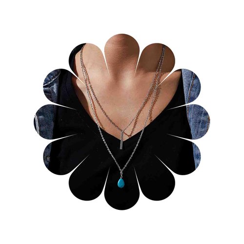 TseanYi Boho Teardrop Turquoise Neckalce Layered Turquoise Pendant Neckalce Silver Bar Pendant Necklace Vintage Layering Turquoise Water drop Necklace Jewelry for Women