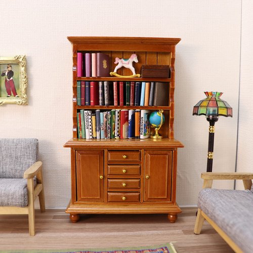 1:12 Scale Miniature Cupboard Bookshelf Classic Wooden Mini Storage Hutch Kitchen Dollhouse Bookshelf Wood Cabinet 1:12 Furniture Display Showcase Decoration Sideboard Accessories (Walnut Color)
