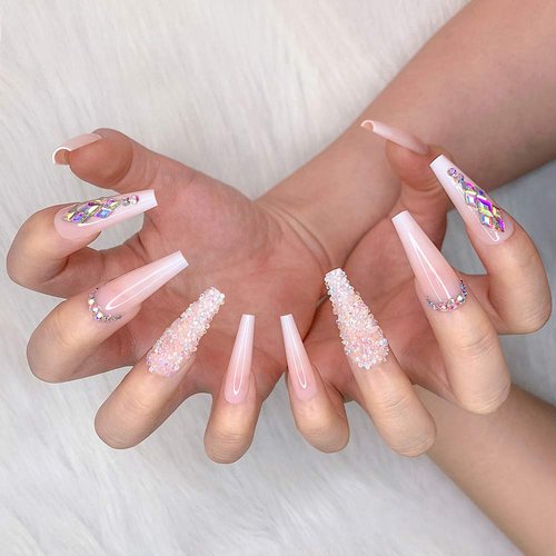 Artquee 24pcs French Nude White Ballerina Flash Diamond Crystal Long Glossy Coffin Flash Fake Nails Press on Nail False Tips Manicure for Women and Girls