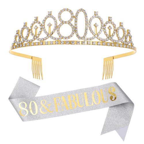 80 & Fabulous Sash & Rhinestone Tiara Set, 80th Birthday Gifts for Women, Sliver Gold Birthday Sash/Tiara for Women's 80th Birthday Party Decoration (Sliver 80th)