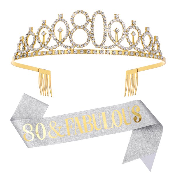 80 & Fabulous Sash & Rhinestone Tiara Set, 80th Birthday Gifts for Women, Sliver Gold Birthday Sash/Tiara for Women's 80th Birthday Party Decoration (Sliver 80th)