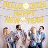 Gold Happy New Year Banner 2025 New Year Decorations Hello 2025 Banner for New Years Eve Party Supplies 2025, Pre-assembly