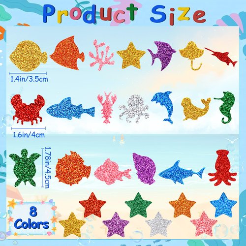 JULBEAR 300 Pieces Glitter Sea Animal Foam Stickers, Colorful Ocean Sea Fish Foam Stickers Bulk Self-Adhesive for Arts Crafts Ocean Theme Party Favors Decoration Home DIY Supplies