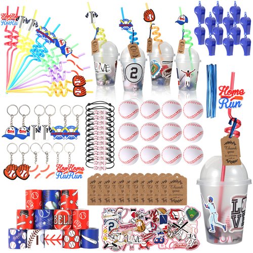 LiYiQ 158 Pcs Baseball Party Favors Baseball Party Supplies With Cup Straw Stress Ball Keychain S...