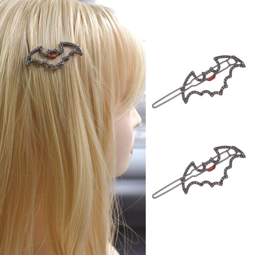 2 Pcs Bat Wing Shape Hair Clips Black Crystal Halloween Devil Barrette with Red Eyes Non-Slip Hair Accessories for Women Girls