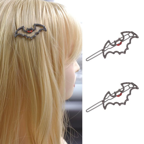 2 Pcs Bat Wing Shape Hair Clips Black Crystal Halloween Devil Barrette with Red Eyes Non-Slip Hair Accessories for Women Girls