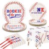 Baseball 1st Birthday Party Supplies for 20 Guests, Disposable Tableware Set includes Rookie of The Year Paper Plates, Tablecloth, Napkins and Forks for Boys Baby First Baseball Party Decorations