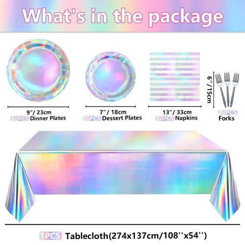 Iridescent Party Supplies for 20 Guests, Disposable Iridescent Tableware Set Includes Holographic Paper Plates, Napkins, Forks, Tablecloth for Birthday Mermaid Themed Party Decorations Wedding