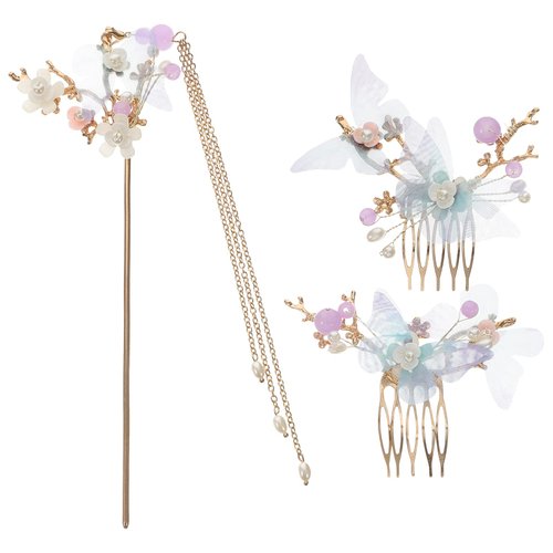 Minkissy Chinese Hair Accessories Hair Sticks With Chain Chinese Hanfu Hair Pins Side Comb Cherry Blossom Headpiece For Women Girls Flower Crystal Pearl Hair Chopsticks