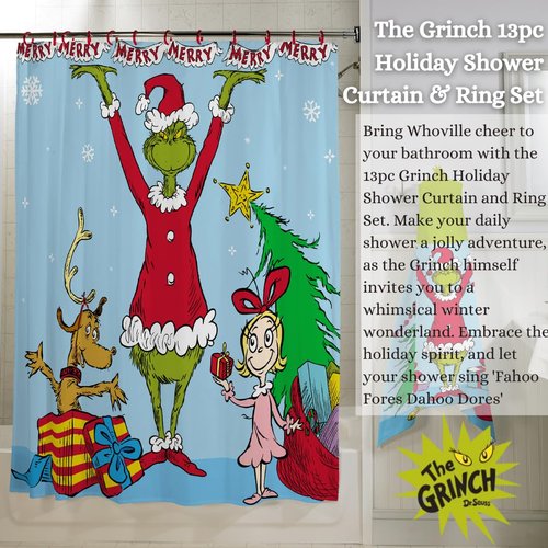 Franco Dr. Seuss The Grinch Holiday 13 Piece Shower Curtain and Ring Set, (100% Officially Licensed Product)