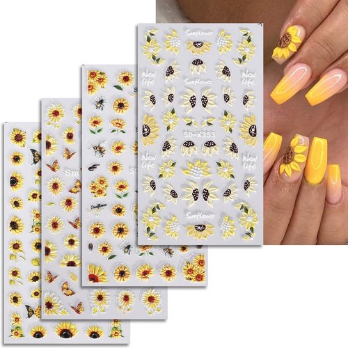 4 Sheets 5D Embossed Sunflower Nail Art Stickers Self-Adhesive Flower Nail Decals Summer Nail Sticker for Women Girls Manicure Decoration