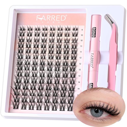 FARRED Lash Clusters Kit Individual Lashes Extensions Cat Eye Wispy Natural Eyelash Cluster Kit with Lash Bond and Lash Seal and Lash Tweezers DIY Eyelash Extensions Kit (DIY lash kit-Flame)