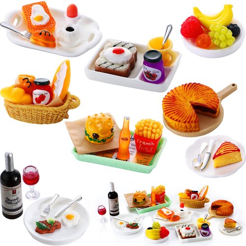 Civaner 38 Pcs Miniature Food Toy Miniature Doll House Accessories Miniature Play Sets Small Dollhouse Food, Hamburger Fries Fast Food Soda Milk Juice Set for Pretend Play Kitchen (Novel Style)