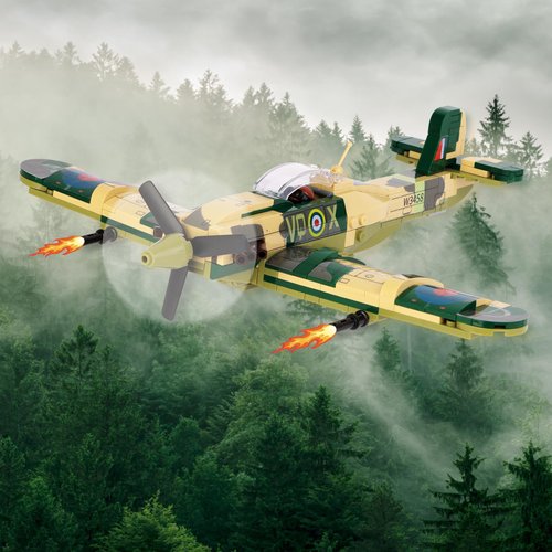 FANTASY&Co.Spitfire FighterJet Building Block with Pilot and Soldier Action Figures(331 pcs), WW2 Military Airplane, Present for Boys Age 6-12 & SetFans & Collectors,Compatible with Lego Planes Model