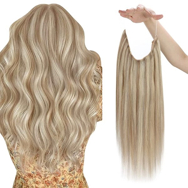 Sunny Wire Hair Extensions Blonde Highlights Wire Human Hair Extensions Pastel Pink Blonde Highlight Bleach Blonde Invisible Fish Line Hair Extensions Blonde for Women Hair Extension 80G 12Inch