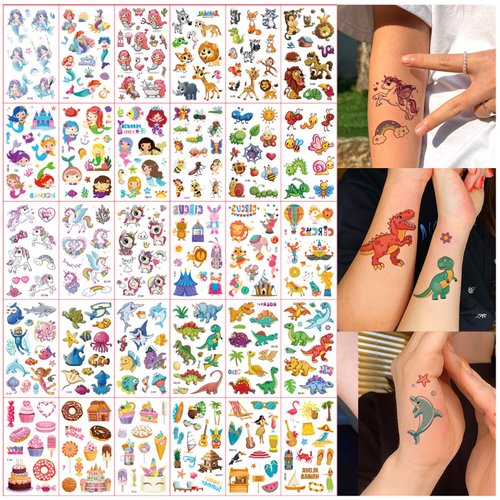 Tattoos for Kids, 30 Sheet 400+ Mixed Styles Cartoon Temporary Tattoos Stickers Set for Girls and Boys,Dinosaur Mermaid Animals Tattoos for Kids Birthday Party Supplies Gifts 572