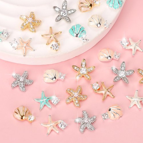COOSLIM Summer Beach Nail Art Rhinestones Accessories Ocean Theme Shell Starfish Nail Studs Sea Series Flower Nail Charms Supplies for Nail Art Designs DIY Manicure Decoration 4