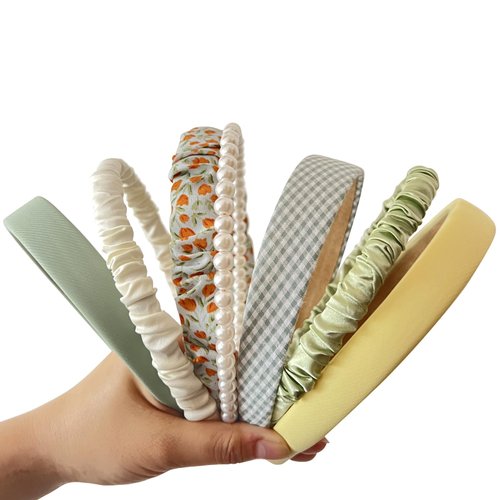 YONOY 7Pcs Fashion Headband Set for Women & Girls with Different Designs - Non Slip Floral, Pearl and Vintage Wide Headbands (Green)