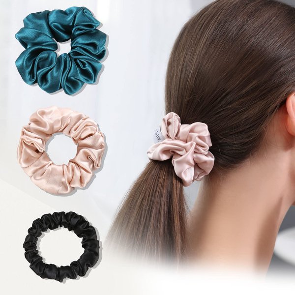 100% Mulberry Silk Hair Scrunchies Silk Elastic Hair Tie Without Hair Damage 3 Pcs , Peacock Blue & Pink & Black