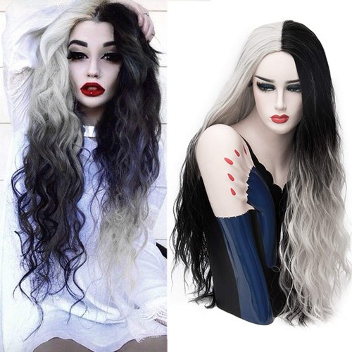 Mildiso Long Wigs for Women 26'' Black White Wig Cute Colorful Silver Hair Wig with Comfortable Wig Net Perfect Wigs for Party Halloween M051