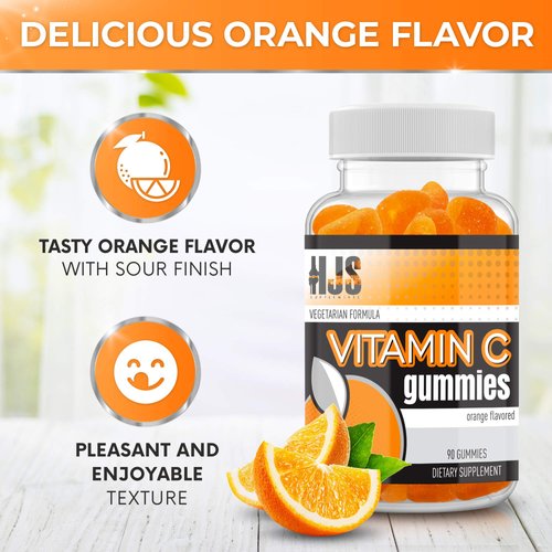 HJS Supplements Vitamin C Gummies | Chewable Orange Flavored | Immune Support | Heart Health | Gluten-Free & Vegetarian | Vitamin C Gummies for Adults & Kids- 90 count