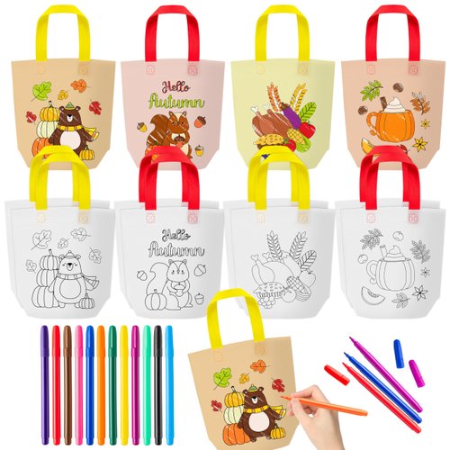 12Pcs Cute Coloring Goodie Bags for Kids, Reusable Fall Thanksgiving Art Party Favor Bags Autumn Cartoon Color Your Own Bag Tote Bags Non Woven Coloring Totes with Colorful Pens DIY Crafts Supplies