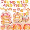 138pcs Young Wild and Three Party Decorations Tableware Set, Wild and Three Party Decorations Young Wild and Three Plate Napkins Tablecloth Banner for Young Wild and Three Party Decorations Girl