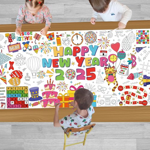 YQUQWN Giant Happy New Year Coloring Poster - 35.5×72 Inch Disco Ball Poster Tablecloth - Happy New Years Eve Crafts Party Favors - New Year Kids Activities Party Decoration Supplies