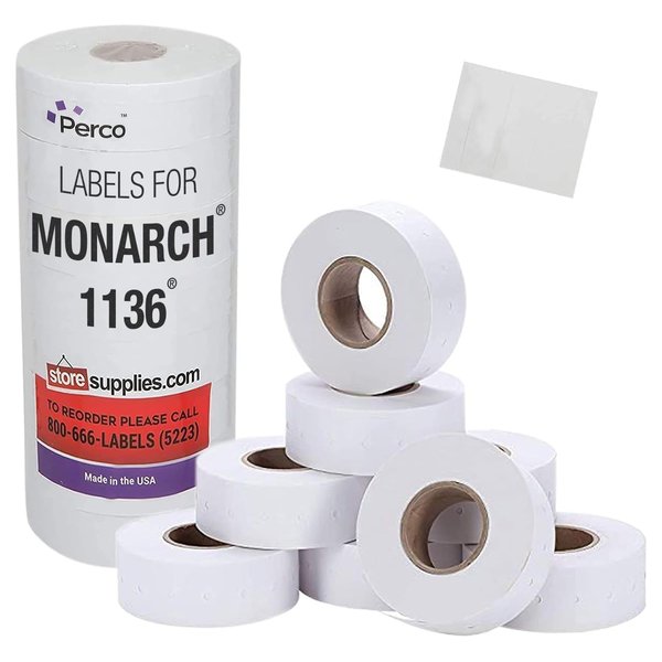 White Pricing Labels for Monarch 1136 Price Gun – 1 Sleeve, 8 Rolls, 14,000 Price Marking Labels - with Ink Roll Included