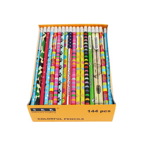 SKKSTATIONERY Assorted Colorful Pencils, Wooden Pencil with Eraser, Pencil Assortment, Novelty Kids Pencils，Awards & Incentives Pencils, 2 HB, 12 Assorted Colors 144/box.