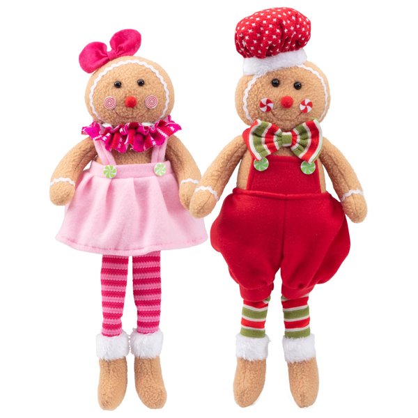 Christmas Gingerbread Plush Dolls, Set of 2 - 17" Boy & Girl Cute Shelf Decorations - Fun Kids Holiday Toy Elf Buddy, Tree, or Stocking Stuffer w Festive Santa Outfits, Mantel Decor, Gift for Xmas