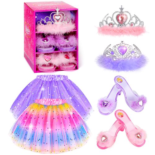 BIBUTY Kids Princess Dress Up Clothes for Little Girls, Pretend Play & Dress Up Costume Set for 3-6 Toddler Little Girls (Rainbow/Purple)